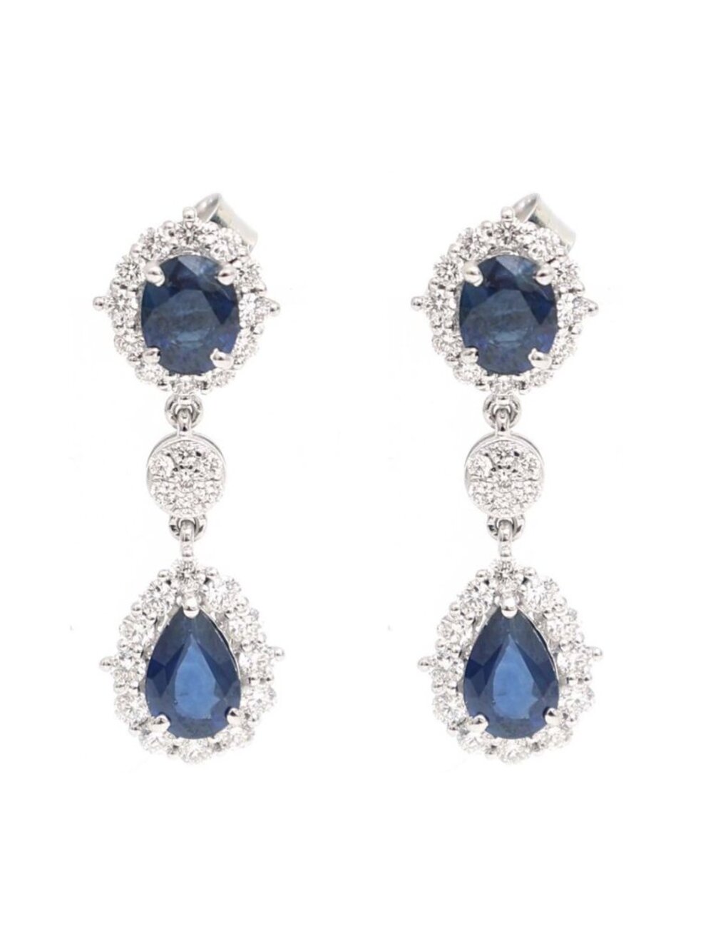 Blue Sapphire & Natural Diamond Drop Earrings in 18K White Gold